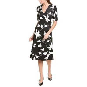 St. John Floral Jacquard Knit V-neck Black and White Midi Dress Size 8 NWT